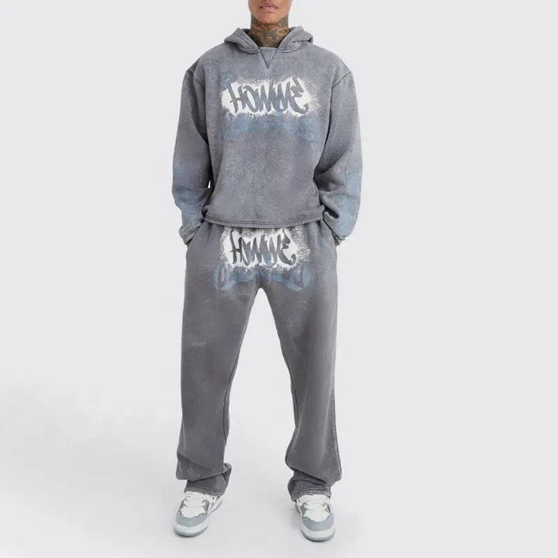 Vintage erkekler's Streetwear eşofman koşu Boxy düz fransız Terry özel grafik puf baskılı yıkanmış Sweatpants ve Hoodie seti