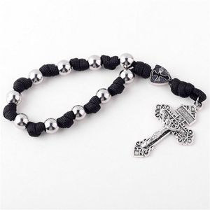 Pulseras de <span class=keywords><strong>Rosario</strong></span> metálicas coloridas, Cruz católica de Jesucristo, cuerda de paraguas, cuentas de oración tejidas, joyería cruzada - Product Image 5
