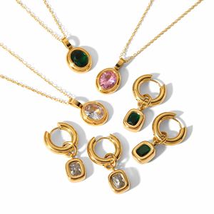 Parure Collier et Boucles d'Oreilles Ovales en Zircon Style Européen et Américain, Luxe Léger, en Acier Inoxydable Plaqué Or 18 carats, Pendentif Géométrique, Bijoux de Soirée - Product Image 5