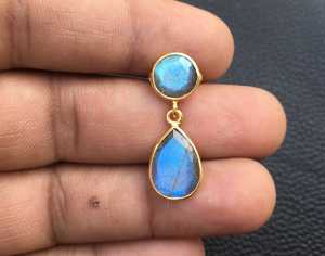 1 par de pendientes colgantes chapados en oro y plata 92,5 Vintage, labradorita Natural, pera de Fuego Azul, piedras preciosas redondas pulidas perfectamente - Product Image 3