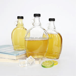 Prezzo di fabbrica 150/250/375/500ml piatto chiaro bottiglia di vino in vetro con manico durevole per succo di liquore alcol puro sciroppo d'acero - Product Image 6