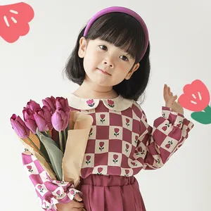 Drop Ship Factory Wholesale Kids Girls Embroidered Floral Peter Pan Collar Doll Shirt Custom Logo Children Flower Cotton Blouse