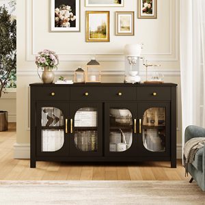 Vitrines de rangement en verre cannelé cintrées, en <span class=keywords><strong>bois</strong></span> noir, pour salle à manger, avec quincaillerie dorée DR527 - Product Image 1