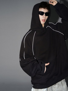 Wine Red Reflective Strip Stitching 100% Cotton Loose Fit Autumn <b>Men's</b> Heavy Fleece Hoodie & Sweater Jacket - Product Image 5