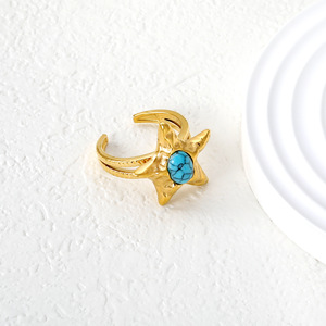 European American Style Stainless Steel <b>Turquoise</b> Star Open <b>Ring</b> Unisex Gift Jewelry - Product Image 1