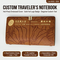 Carnet de voyage personnalisé en cuir PU avec couverture gaufrée, impression à chaud dorée, bloc de texte diagonal, reliure à clip latéral, kraft naturel