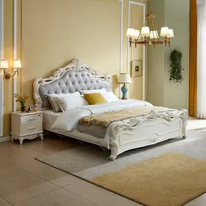 121513 Heißer Fabrik preis Geschnitzter Doppel-Kingsize-Luxus-Bett rahmen aus weißem Leder im europäischen Stil