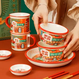 Chinesisch genießen Essen Vintage-Stil Porzellan Tasse Schüssel Nudelsuppe Schüssel Teller Untertasse Keramik Geschirr Set Geschirr