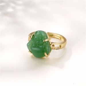 Hot Fashion Elegant Gold Plated Open <b>Adjustable</b> <b>Ring</b> Wholesale Trendy Charm Zircon Jade Maitreya Buddha <b>Ring</b> for Women - Product Image 3