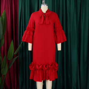 <span class=keywords><strong>Robe</strong></span> élégante à col noué pour <span class=keywords><strong>femme</strong></span>, collection Printemps 2026, manches 3/4 à volants, motif uni, longueur genou, coupe ample, idéale pour le bureau et les occasions formelles - Product Image 5