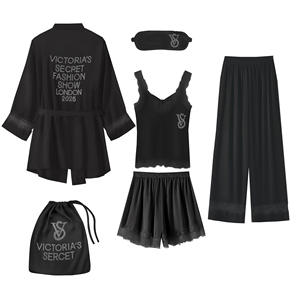 Conjunto de Pijama de Seda de Hielo para Mujer, Diseño de Rayas y Bloques de Color con Ribete de Encaje, Cuatro Piezas - Product Image 4