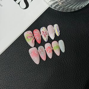 <span class=keywords><strong>Uñas</strong></span> Postizas Francesas Cortas Almendradas Hechas a Mano, 10 Piezas, Personalizadas, Reutilizables, con Diseño 3D de Flor de Lirio, Aurora, Sirena, con Brillo y Pegamento - Product Image 1