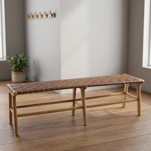 Solid Teak Wood Dark Brown Leather <b>Bench</b> Chair Modern Minimalist Design Dining Home Living Bar Durable Furniture Warehouse - Product Image 3