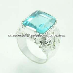Anillo de piedras preciosas de Topacio Azul Anillo de plata de ley 925 Chapado en plata clásica para boda, compromiso, aniversario y fiesta para Unisex - Product Image 2
