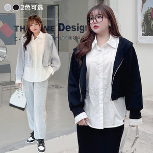 Ensemble décontracté pour femme : chemise patchwork à capuche, jupe taille haute, couleur unie, tricot, manches longues, noir, longueur midi N8291N8292 - Product Image 2