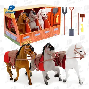 3 Flocked Horse Stable Toy Figures Barn Kids Toy Pretend Play Set with Take-Along Storage Box, Farm Tools, And Accessories