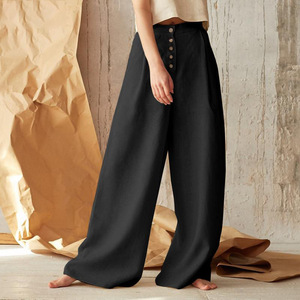 Boutique 2025 printemps nouvelle couleur unie taille haute décontracté bouton coton <span class=keywords><strong>lin</strong></span> pantalon à jambes larges pantalons pour femmes - Product Image 5