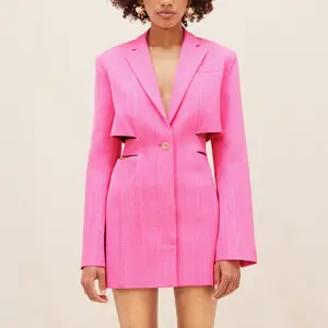 Custom designer Spring Fall Women Blazers Sexy Hollow Out Elegant Pink High Quality Cardigan Business Linen Suit Dress