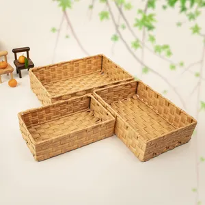 JY Small Fruit PP Rattan Rectangular Storage Baskets Kitchen Food Bread Weave Plastic Woven Basket With Lid Plastic Serving Tray