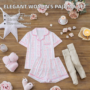 Nouvel ensemble de pyjama décontracté élégant pour femme 2025, en maille à manches courtes, haut boutonné avec détails de poches, collection hiver - Product Image 2