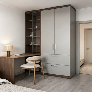 <span class=keywords><strong>Armadio</strong></span> su Misura Grigio e Legno <span class=keywords><strong>con</strong></span> Scrivania Integrata e Mensole Aperte per Progetti di Appartamenti e Hotel - Product Image 2