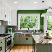 Armoires de cuisine shaker bicolores blanc et vert sauge sur mesure, cuisine moderne de style farmhouse en forme de L avec comptoir en granit