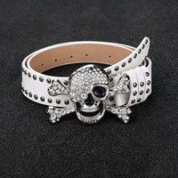 Ceinture en cuir unisexe de style western cowboy, embossée, vintage, de style européen et américain, ornée de rivets en alliage, de crânes et de strass, style punk