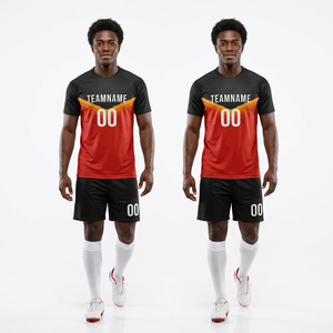 Maillot de football personnalisé sublimé pour homme, rouge et noir, manches courtes, anti-transpiration, coupe athlétique, nom de l'équipe imprimé, toutes saisons - Product Image 3