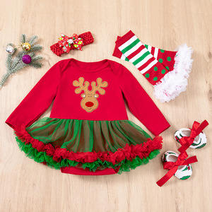 Christmas Snowflake Bag Fart Skirt Girls' Skirt Set Baby Long Sleeved Baby One-piece Skirt Four Piece Set Wholesale for Baby - Product Image 2