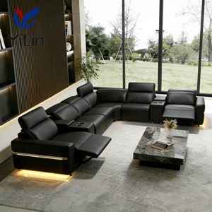 Canapé d'angle modulaire inclinable en cuir véritable en forme de U, avec double moteur et éclairage d'ambiance, pour salon - Product Image 3