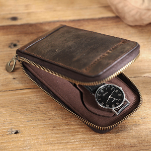 Genuine Leather Single <b>Watch</b> Travel <b>Case</b> with Zipper Custom Logo Single <b>Watch</b> Storage Box - Product Image 1