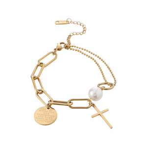 Bracelet à breloques en acier inoxydable plaqué or 18 carats pour femmes avec pendentif croix et rond |   Design de chaîne à maillons minimaliste et tendance - Product Image 1