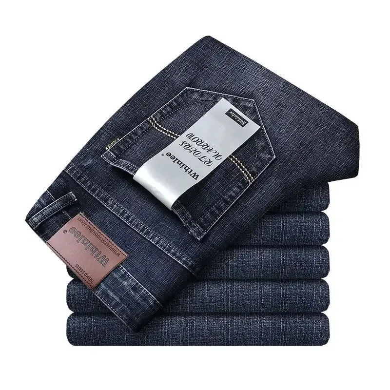 Jeans in Denim elasticizzato in cotone da uomo Casual da lavoro in pelle dritta aderente leggera estiva