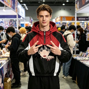 เสื้อแจ็คเก็ตฮู้ดทรงหลวมสไตล์สตรีทแวร์ลายปักเรนโบว์สเปรย์รุ่นใหม่ล่าสุด คอซิป ¼  บล็อกสีสันสดใส สไตล์อนิเมะ มังงะ แบบ Anorak - Product Image 2