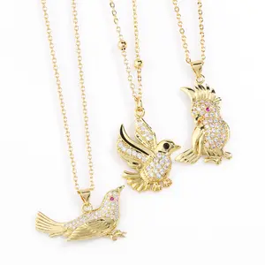 Fashion Brass Gold Plated Women Zircon Little Bird Pendant Necklace Personality Animal Jewelry Parrot Sweater Chain Necklace