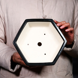 Pot à bonsaï hexagonal en céramique, glaçure verte, style japonais traditionnel - Product Image 2