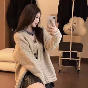 Women's V Neck Knitted Cardigan Khaki Solid Color Vintage Style Autumn Winter Sweater Coat Medium Thickness - Product Image 3