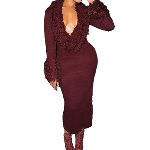 Vestido de punto peludo para mujer, casual, natural, con cuello en V profundo, sexy, elegante, para fiesta, tendencia de invierno, elástico, ajustado, midi, bodycon - Product Image 4