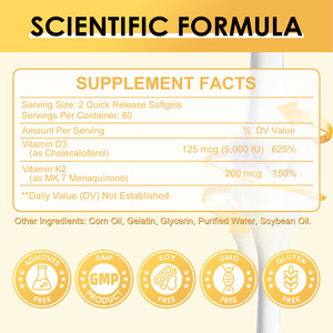 Vitamine D3 + K2 2-en-1 Gélules molles - 5000 UI D3 & 200 µg K2 Sans OGM Sans gluten et sans soja Naturel - 120 Gélules Molles Adulte - Product Image 2