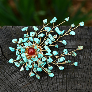 Broche de Flores para Novia, Cristal Azul <span class=keywords><strong>Turquesa</strong></span>, para Bodas y Fiestas, con Estambres de Ágata Roja, Venta al por Mayor de Hongzhuo - Product Image 6