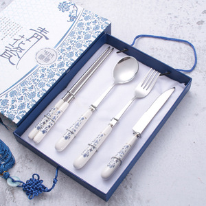 410 Stainless Steel <strong>Knife</strong>, Fork, Spoon, Chopsticks, <strong>Chinese</strong>-style Blue and White Porcelain Handle Four-piece <strong>Set</strong> Gift Box - Product Image 1