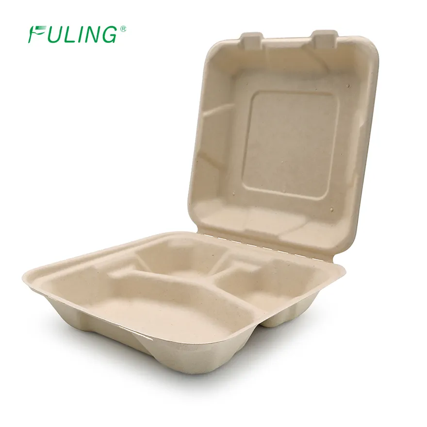 Fuling 8x8 "3-ngăn bã mía vỏ sò takeout khay thức ăn Heavy Duty Togo dùng một lần để đi hộp container