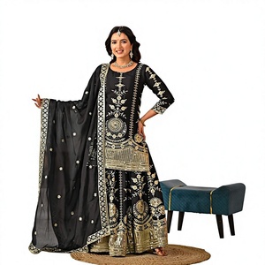 Conjunto de Vestido Tradicional Indio-Pakistaní de Seda Negra Bordada para Mujer con Dupatta para Bodas - Product Image 1