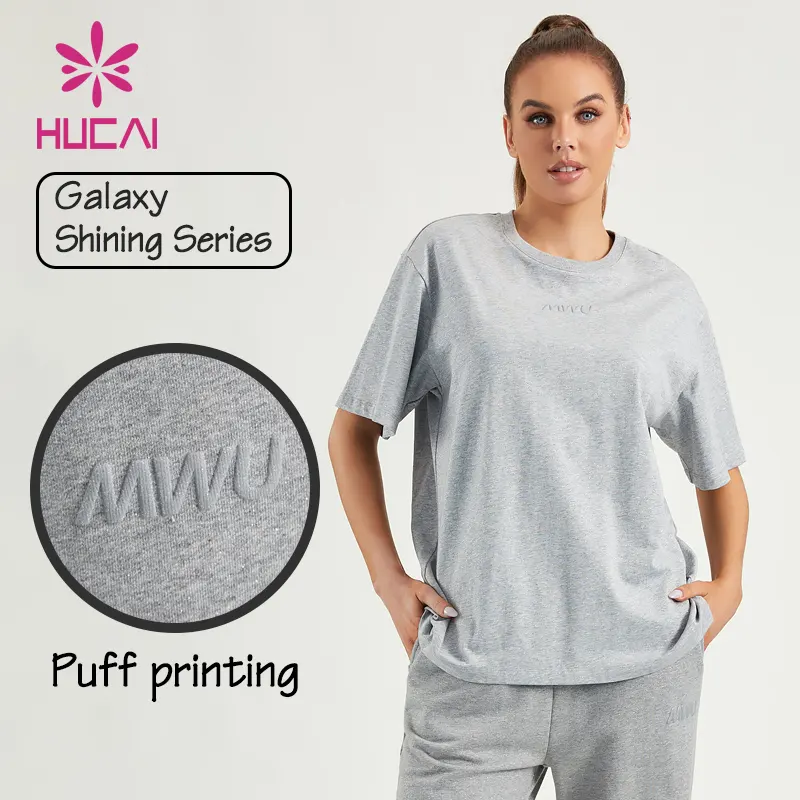 Hucai Custom Hoge Kwaliteit 100% Katoenen Poff Print Korte Mouw Oversized Shining Workout Hardlopen Gym T-Shirt Voor Vrouwen
