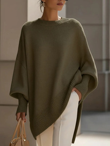 Suéter de punto holgado con mangas murciélago para <span class=keywords><strong>mujer</strong></span>, jersey informal de corte asimétrico, poncho de invierno, top liso. - Product Image 3
