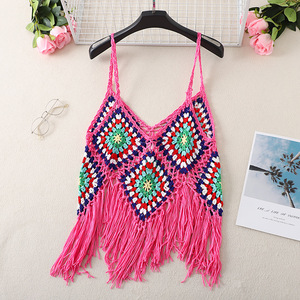 Nouveau <span class=keywords><strong>Gilet</strong></span> Court <span class=keywords><strong>Femme</strong></span> Tendance en <span class=keywords><strong>Crochet</strong></span> Fait Main avec Patchwork et Pompons, Style Urbain Sans Manches pour l'Été - Product Image 3