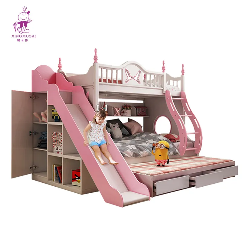 Cama de princesa para niños, litera con tobogán y escalera de almacenamiento, armario, nuevo estilo, 2021