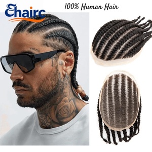Parrucchino da <span class=keywords><strong>uomo</strong></span> con 8 trecce cornrow, in pizzo integrale, 100% capelli umani, traspirante, con linea naturale dei capelli, sistema unisex - Product Image 1