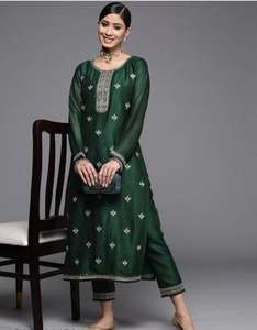 Nouveau Style Moderne Femmes Agrémenté Droite Kurta Vert Soie Mélange Tissu Dernier Design Ethnique Costume pour les Occasions Spéciales - Product Image 5