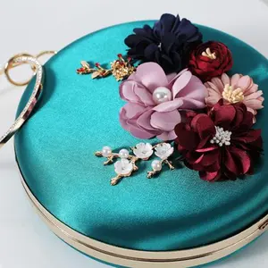 Elegance Chinese Style Imitated Silk Fabric Texture Lady Purse Round Three-Dimensional Flower Clutch Handbag